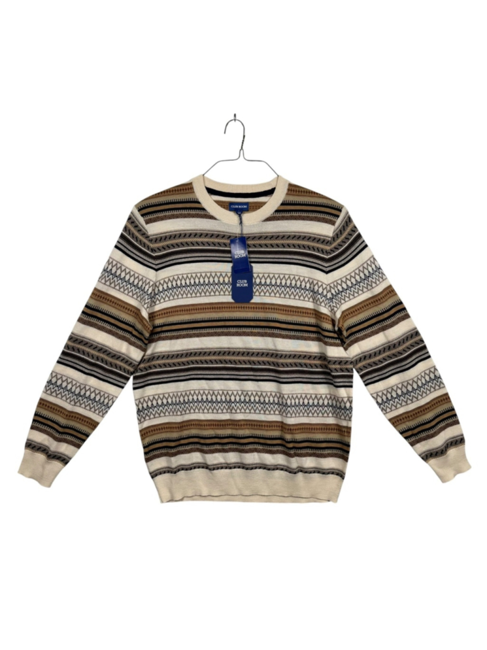 Club Room Merino Wool Novelty Ivory Striped Tight Knit Ribbed Sweater Men Large